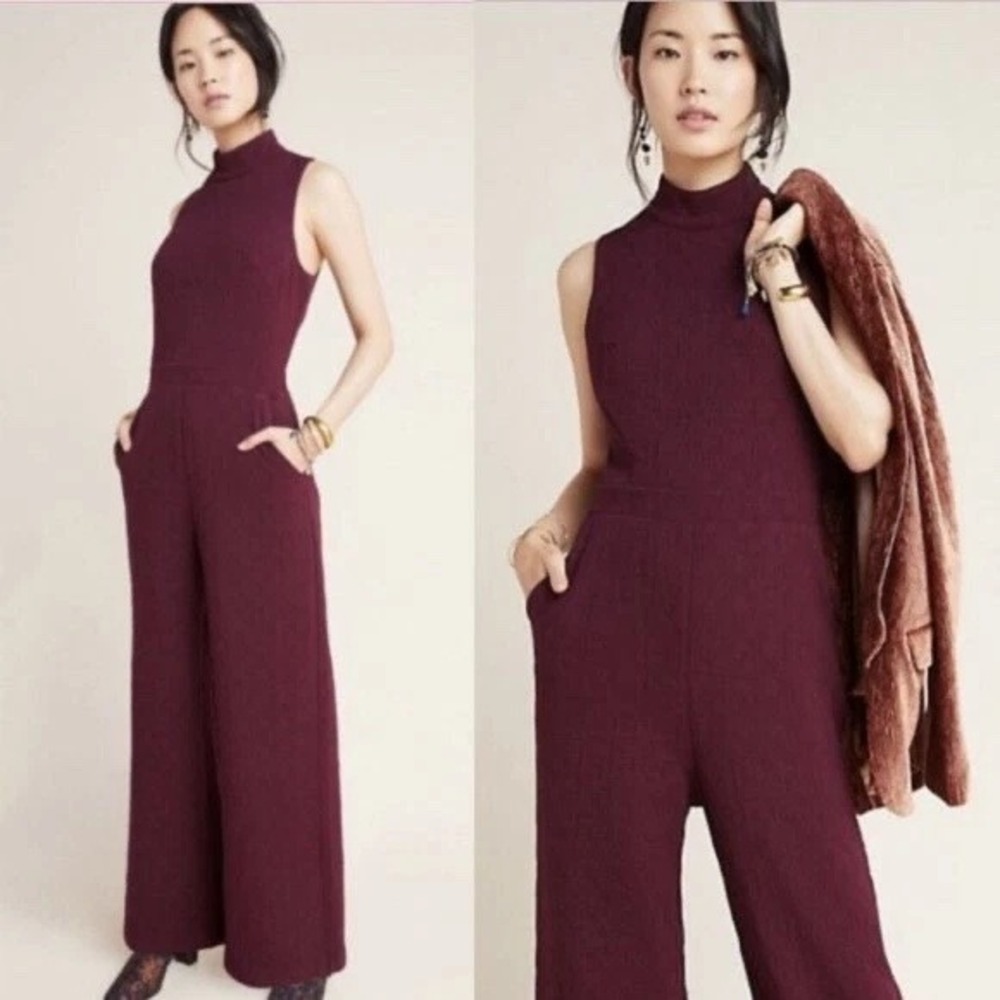 Eva Franco Jumpsuit Women Extra Small Maroon Charlie Textured High Neck Wide Leg